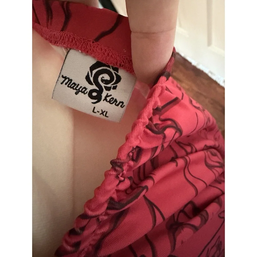 Maya Kern Hands Skirt L XL Red Black Circle Midi Pockets Elastic Waist Retro